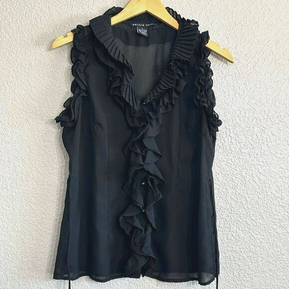 Antilia Femme Blouse Tie Waist Sheer Black Ruffle Hem Pleated Button Up Sz Large - Picture 2 of 8
